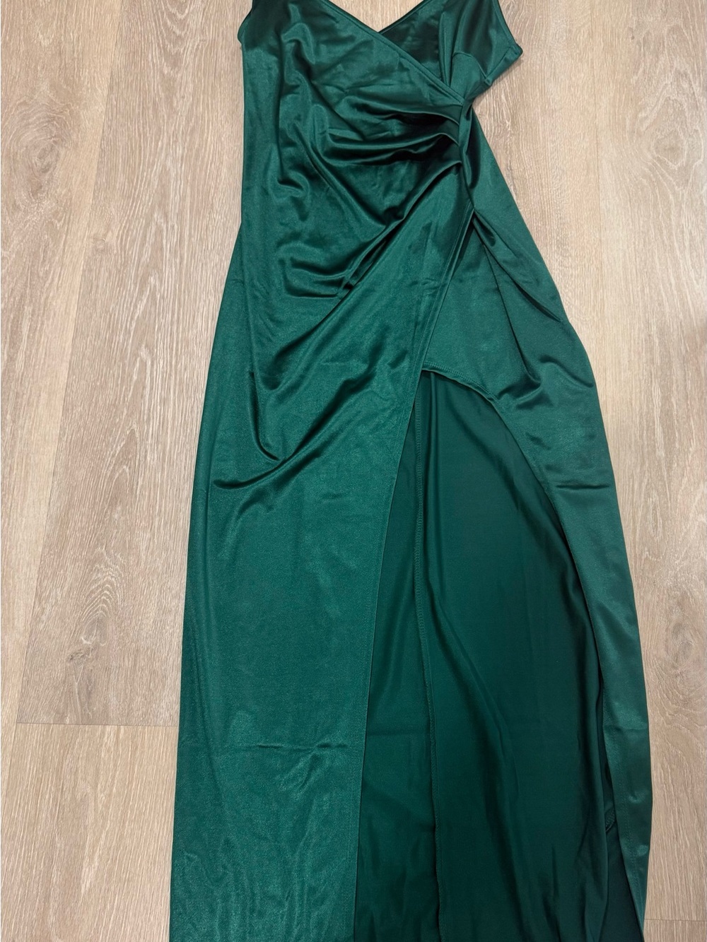 Emerald Green Satin Slit Maxi Dress - Picture 2 of 4